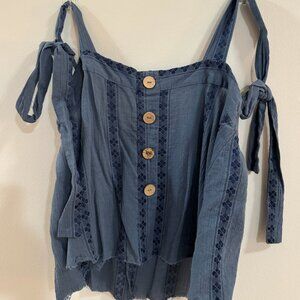Blue flowy button up shoulder tie tank